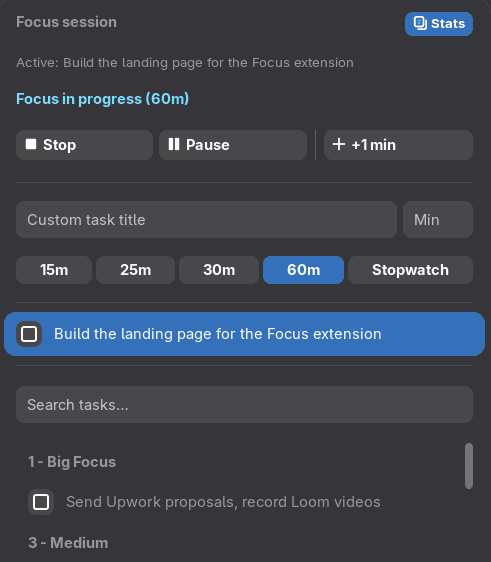 Focus Tasks GNOME Extension interface